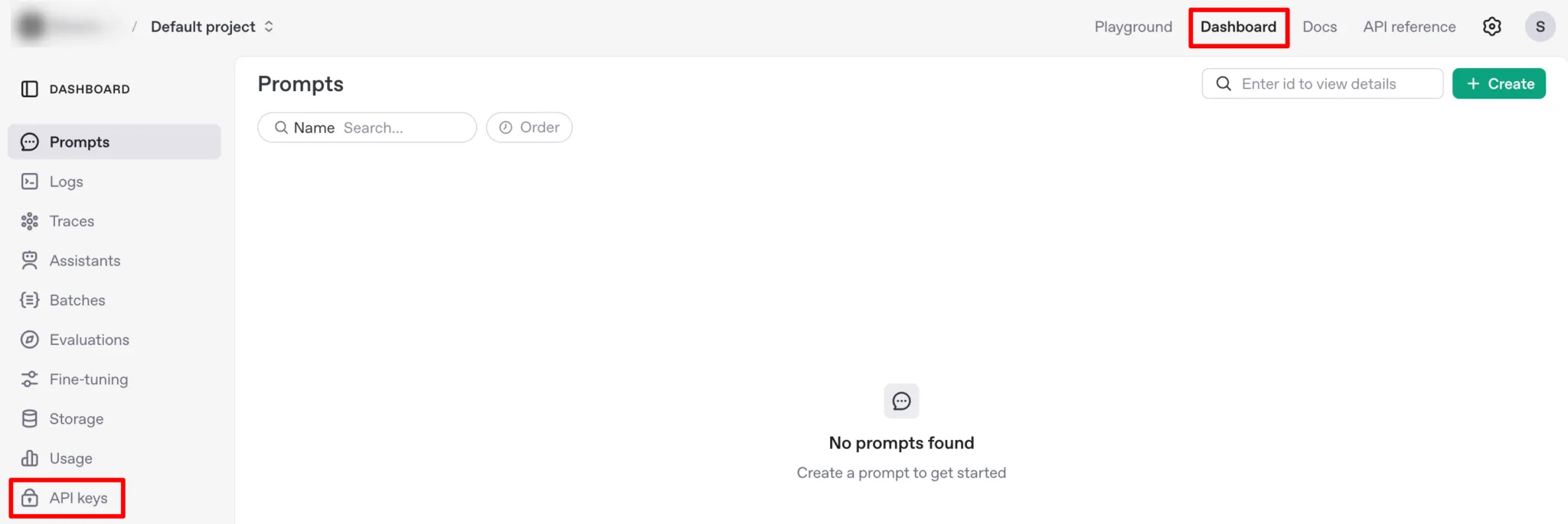 OpenAI dashboard API keys section