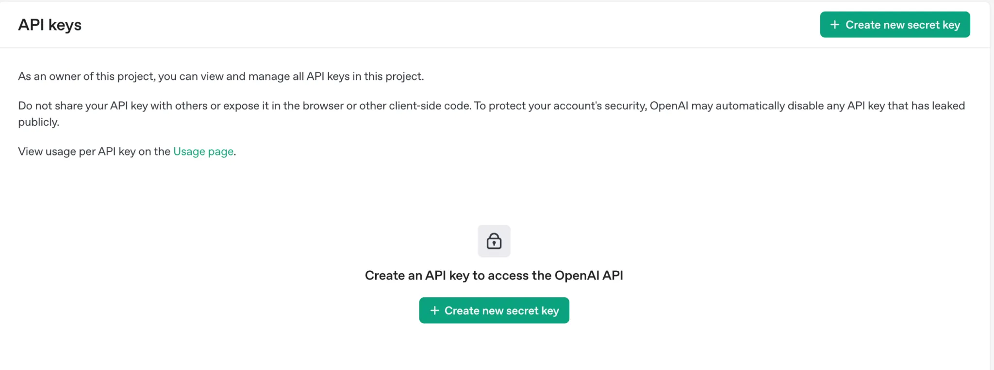 Create new secret key button