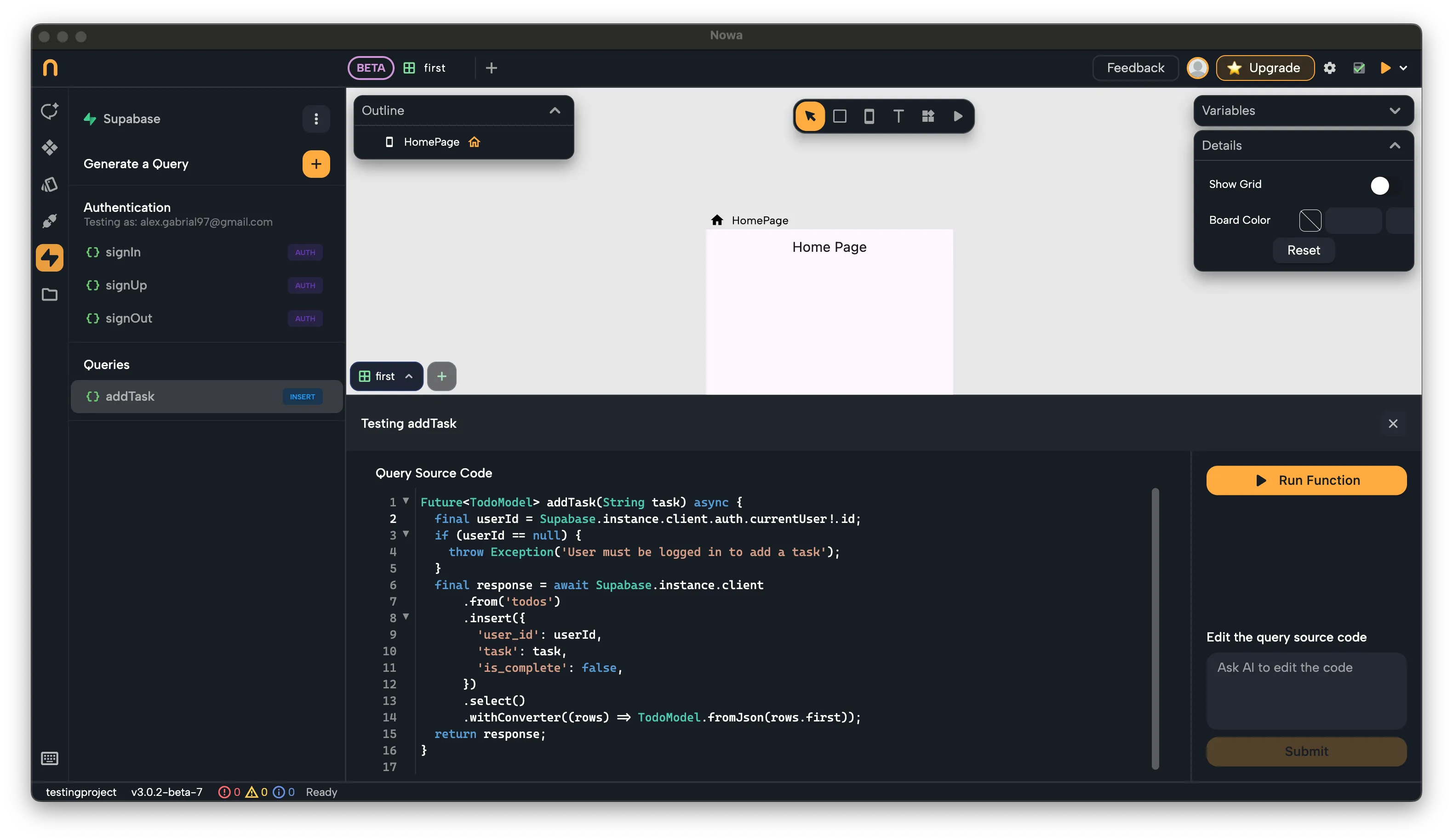 Editing generated query code in Nowa