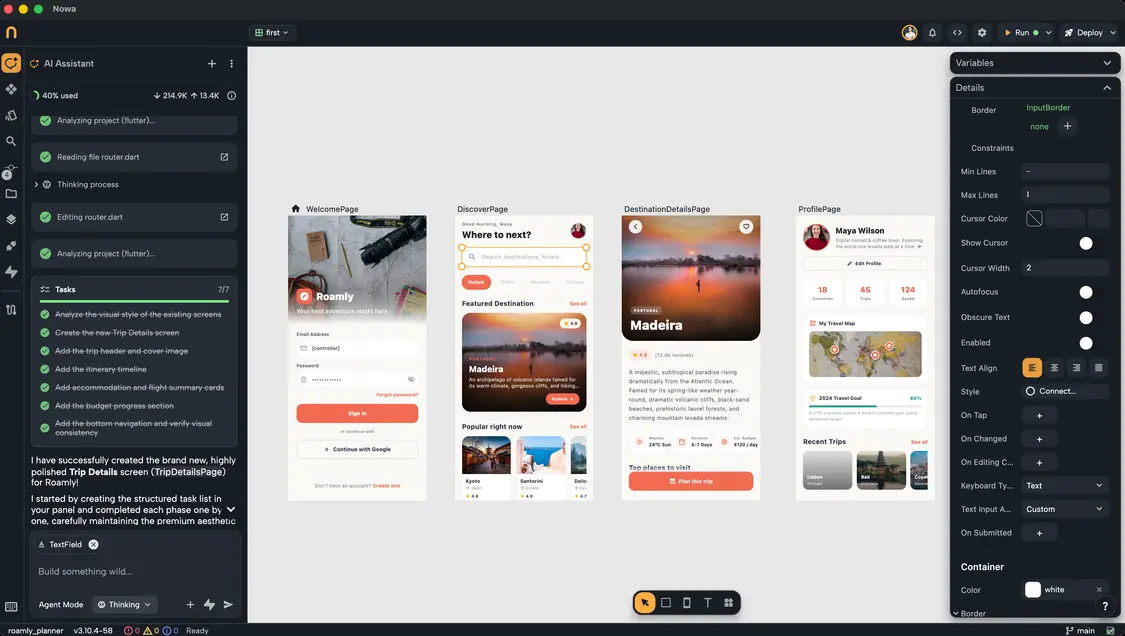 The Nowa editor building a travel app — AI assistant completing its task list beside app screens on the visual canvas